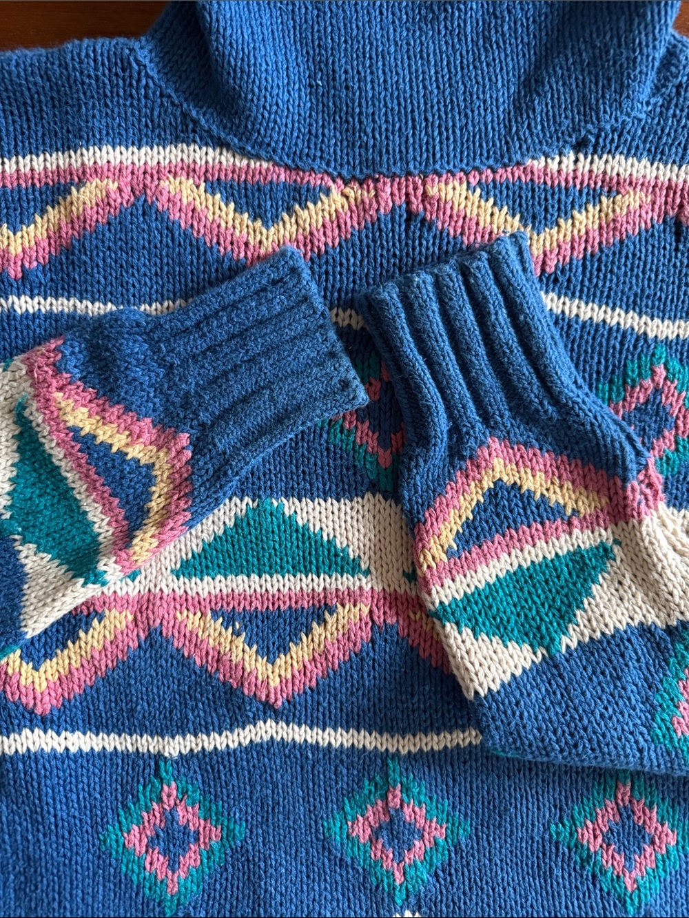 Vintage Marina Blue Geometric Pattern Mock Turtleneck Sweater - Picture 6 of 12
